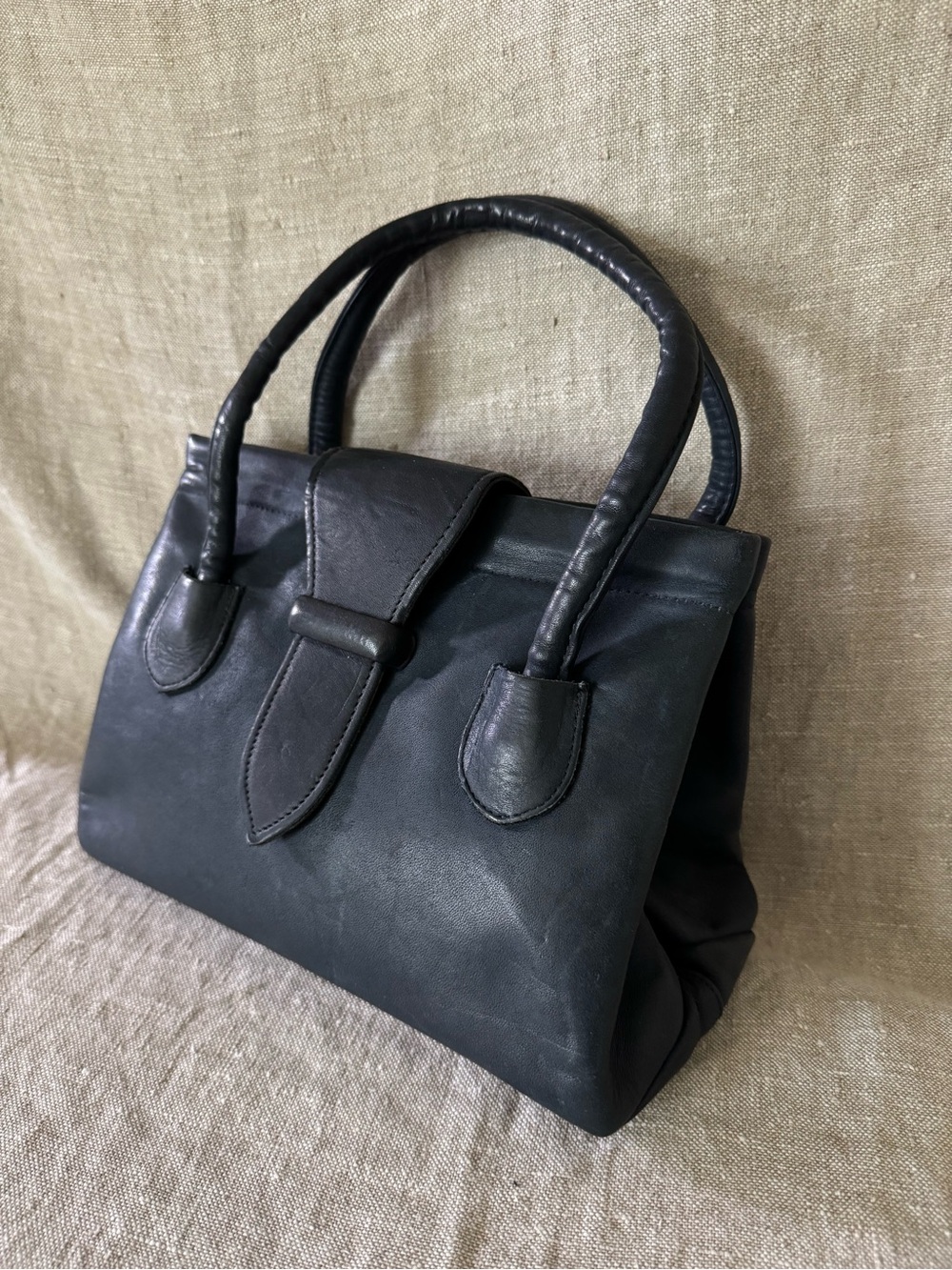 vintage mid century Margolin navy leather Kelly style handbag